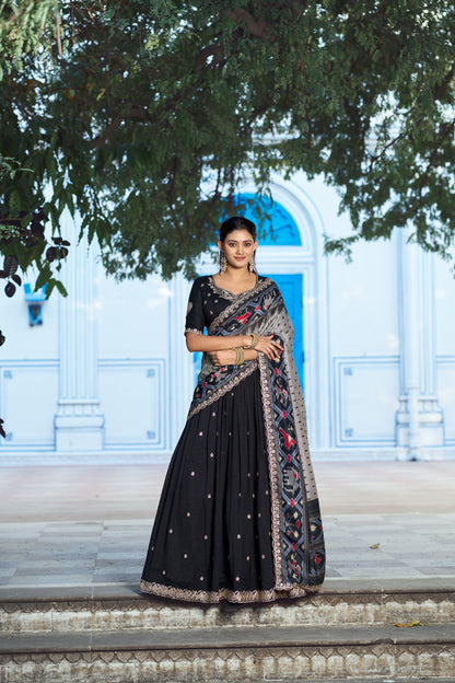 Lorenvalley Fashion Black Vichitra Silk Sequins and Thread Embroidery Work Lehenga Choli with Dupatta