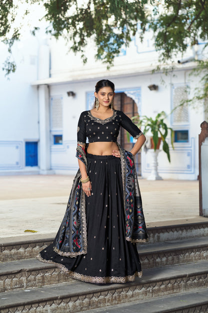 Lorenvalley Fashion Black Vichitra Silk Sequins and Thread Embroidery Work Lehenga Choli with Dupatta