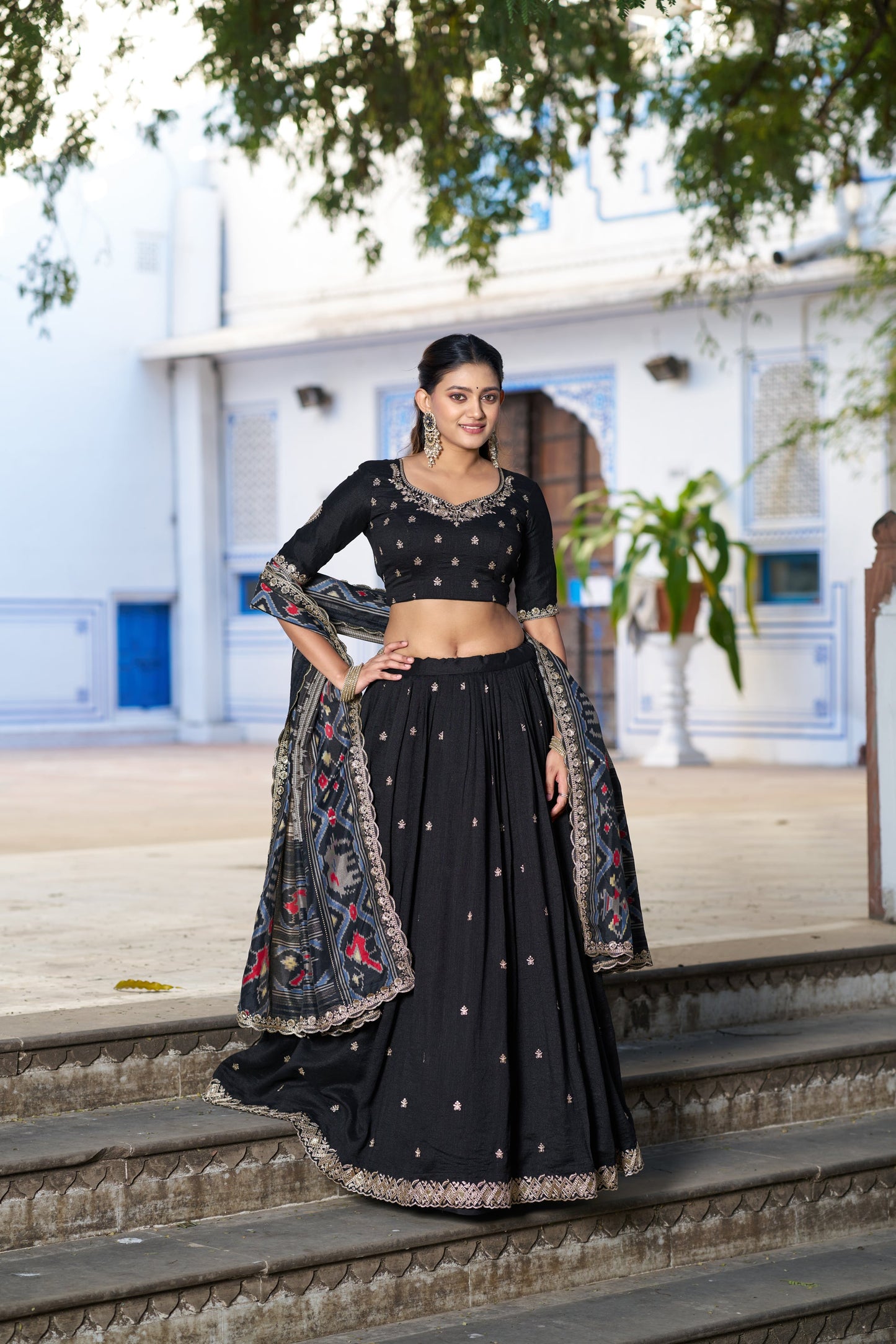 Lorenvalley Fashion Black Vichitra Silk Sequins and Thread Embroidery Work Lehenga Choli with Dupatta