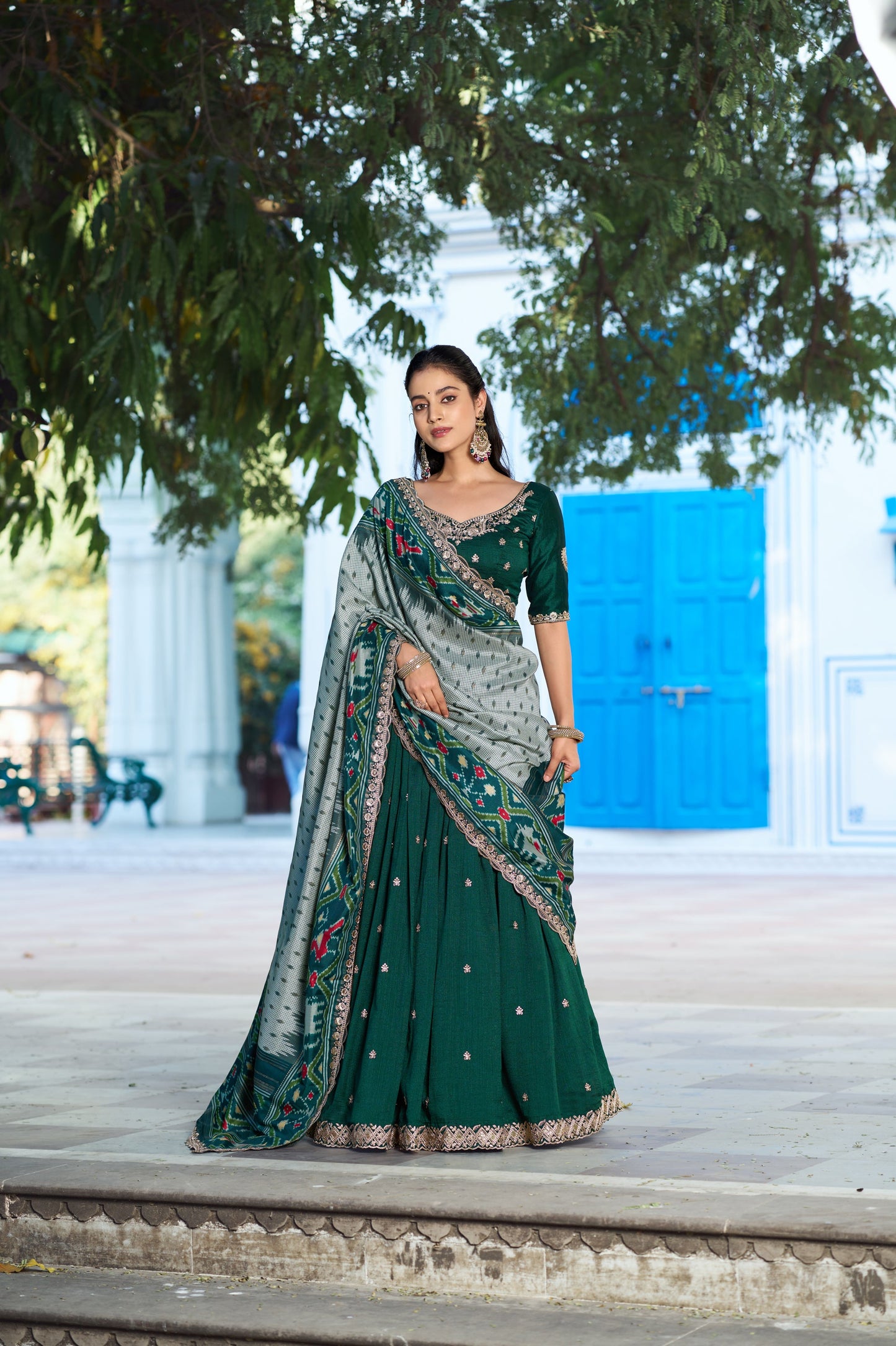 Lorenvalley Fashion Green Vichitra Silk Sequins and Thread Embroidery Work Lehenga Choli with Dupatta