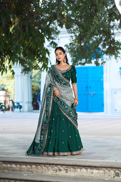 Lorenvalley Fashion Green Vichitra Silk Sequins and Thread Embroidery Work Lehenga Choli with Dupatta