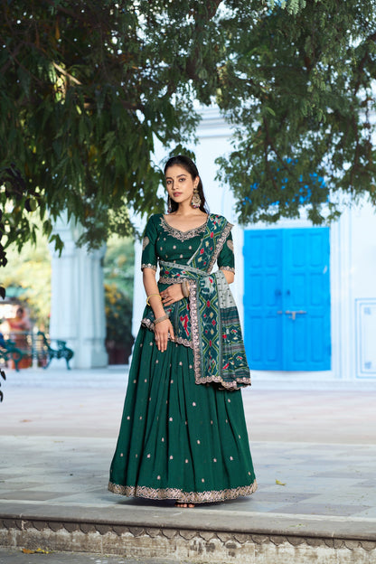 Lorenvalley Fashion Green Vichitra Silk Sequins and Thread Embroidery Work Lehenga Choli with Dupatta