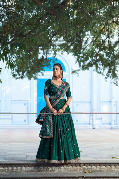 Lorenvalley Fashion Green Vichitra Silk Sequins and Thread Embroidery Work Lehenga Choli with Dupatta