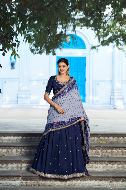 Lorenvalley Fashion Navyblue Vichitra Silk Sequins and Thread Embroidery Work Lehenga Choli with Dupatta