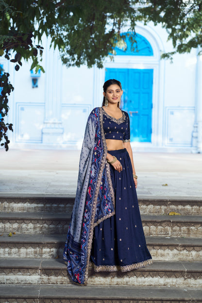 Lorenvalley Fashion Navyblue Vichitra Silk Sequins and Thread Embroidery Work Lehenga Choli with Dupatta