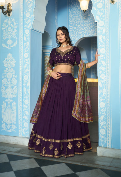 Lorenvalley Fashion Purple Vichitra Silk Sequins and Thread Embroidery Work Lehenga Choli with Dupatta