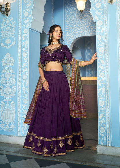 Lorenvalley Fashion Purple Vichitra Silk Sequins and Thread Embroidery Work Lehenga Choli with Dupatta