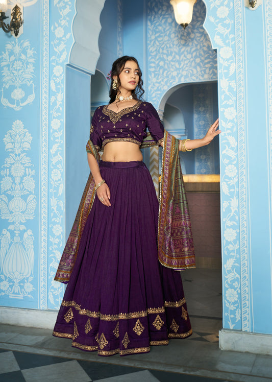 Lorenvalley Fashion Purple Vichitra Silk Sequins and Thread Embroidery Work Lehenga Choli with Dupatta