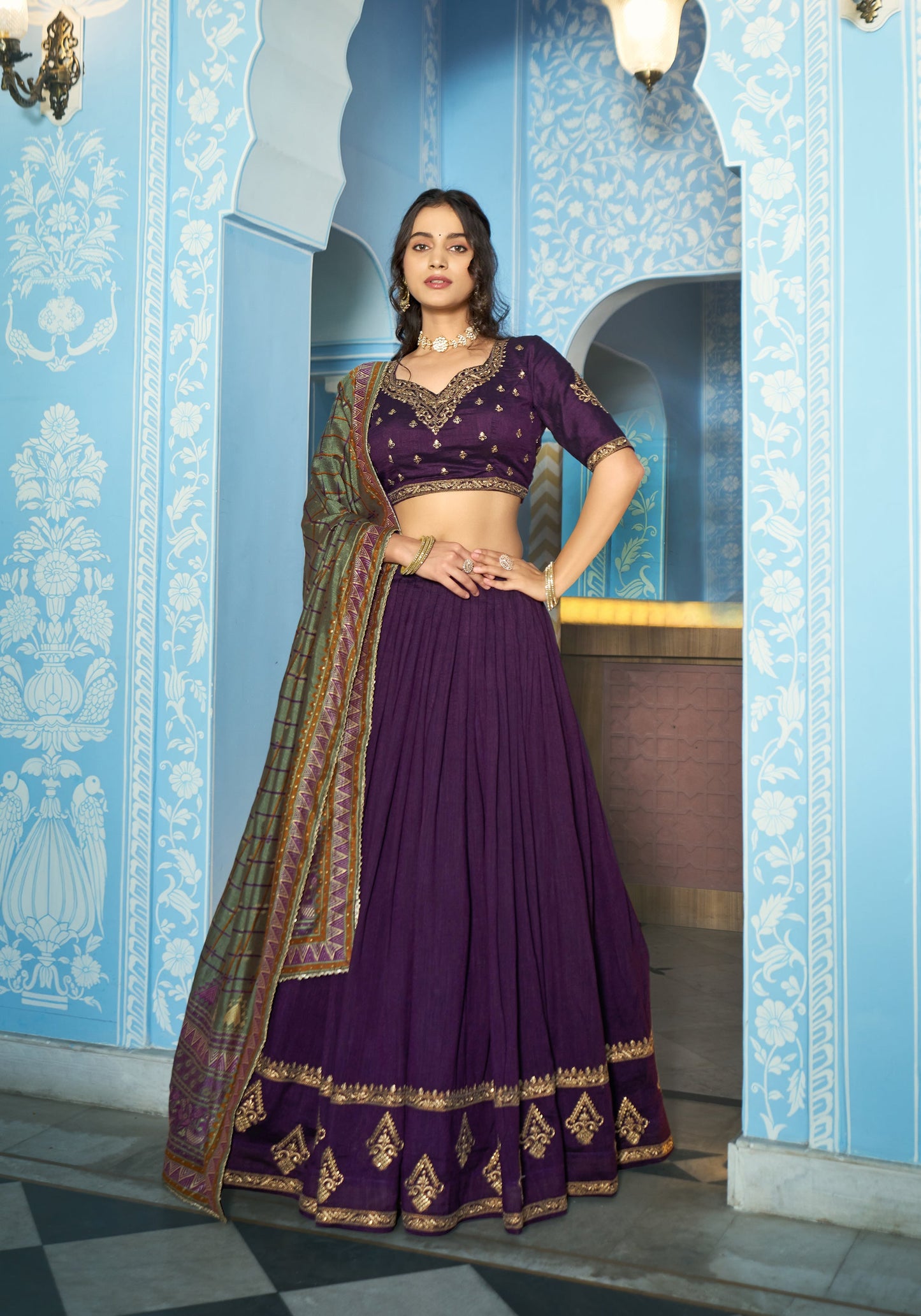 Lorenvalley Fashion Purple Vichitra Silk Sequins and Thread Embroidery Work Lehenga Choli with Dupatta