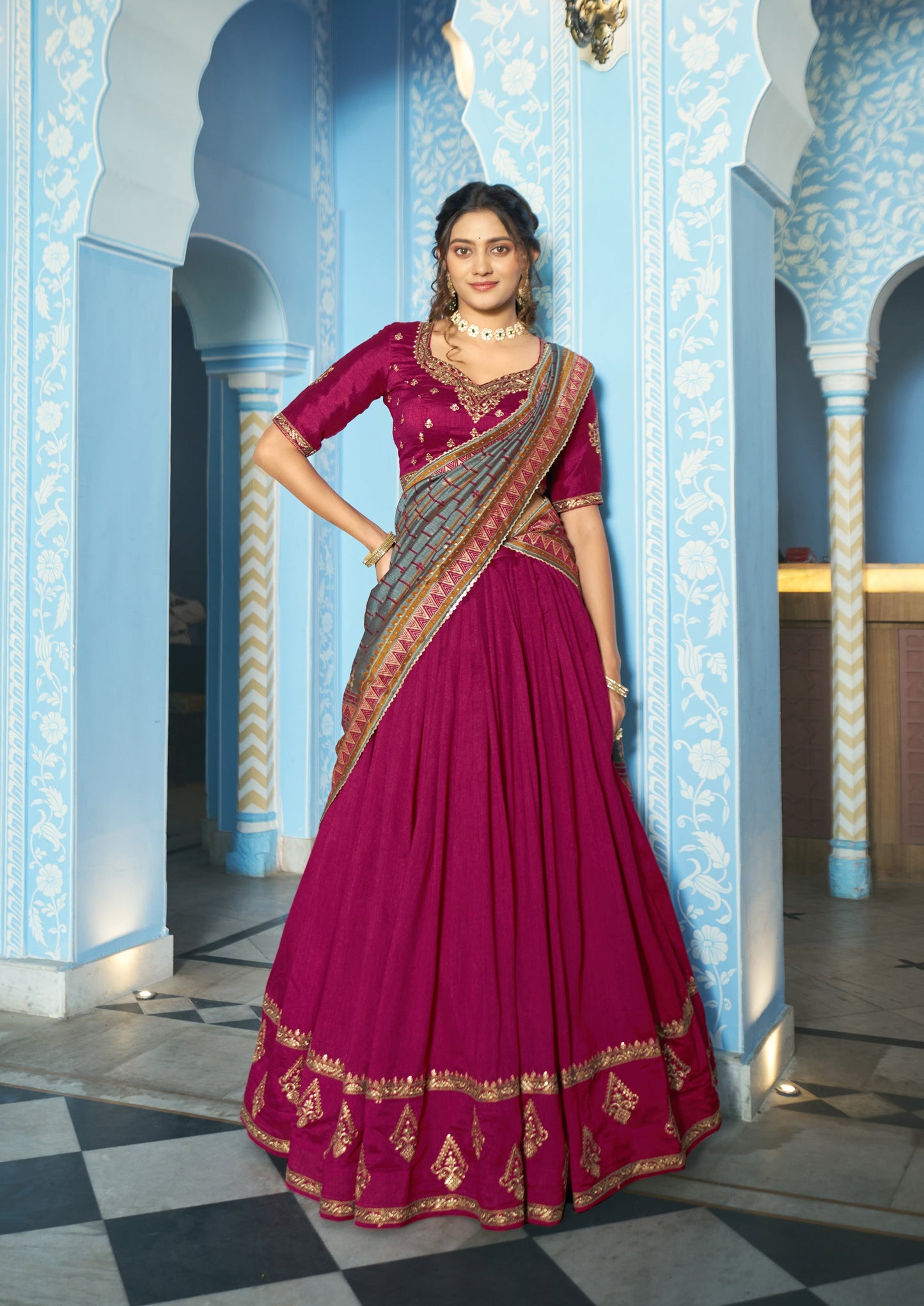 Lorenvalley Fashion Ranipink Vichitra Silk Sequins and Thread Embroidery Work Lehenga Choli with Dupatta