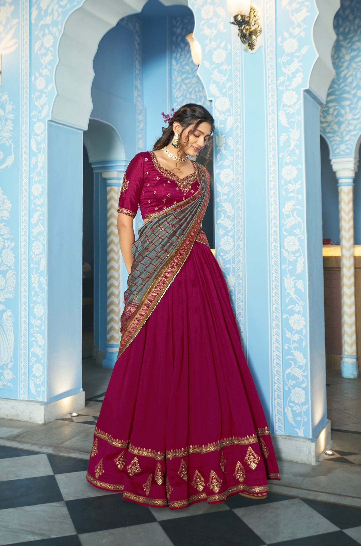 Lorenvalley Fashion Ranipink Vichitra Silk Sequins and Thread Embroidery Work Lehenga Choli with Dupatta