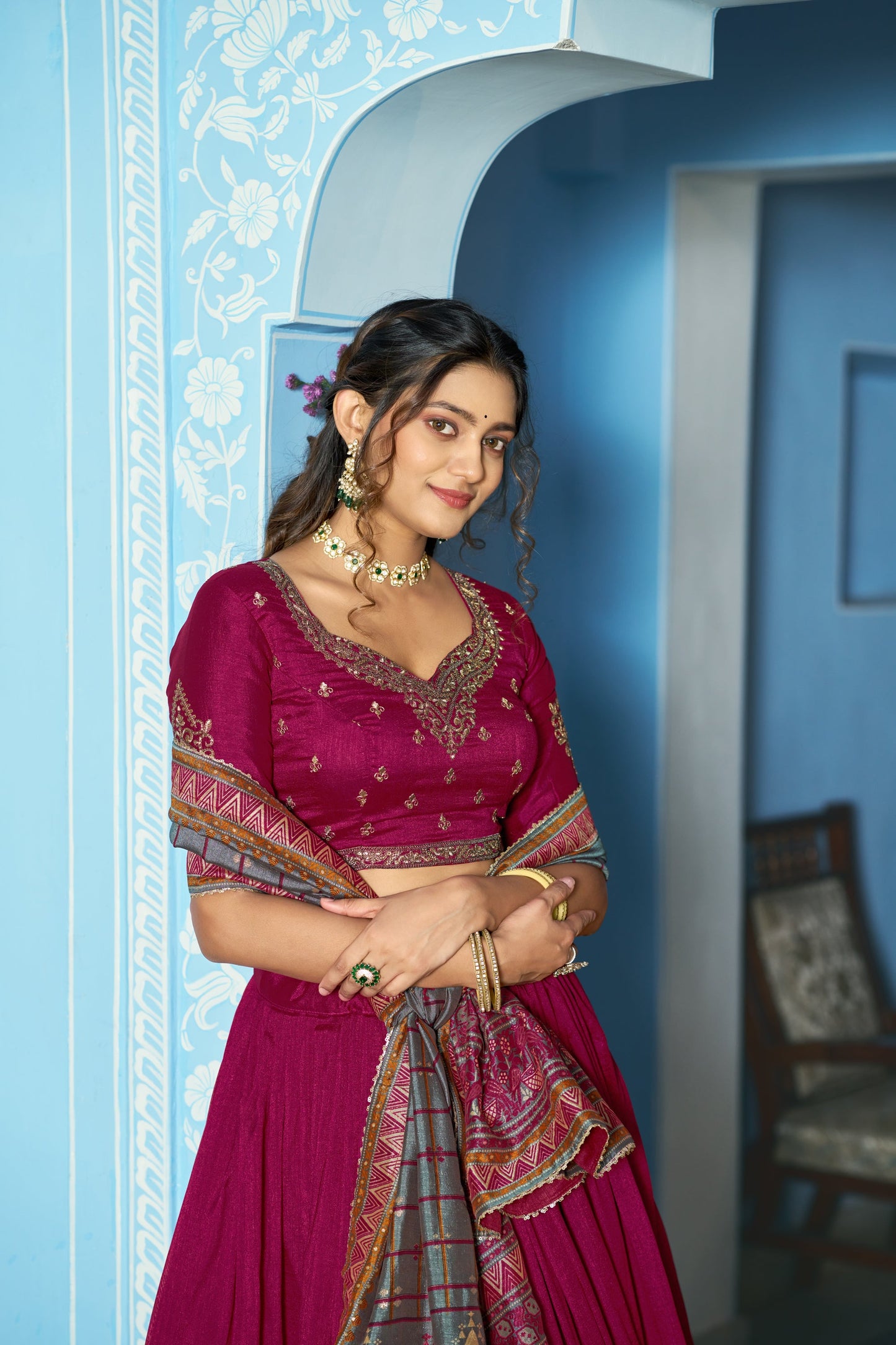 Lorenvalley Fashion Ranipink Vichitra Silk Sequins and Thread Embroidery Work Lehenga Choli with Dupatta
