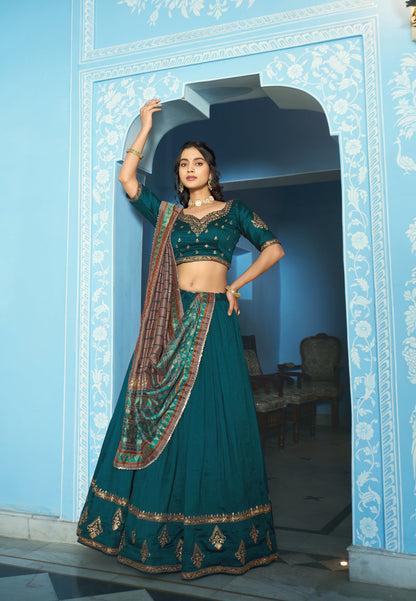 Lorenvalley Fashion Teal Vichitra Silk Sequins and Thread Embroidery Work Lehenga Choli with Dupatta