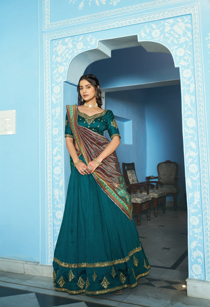 Lorenvalley Fashion Teal Vichitra Silk Sequins and Thread Embroidery Work Lehenga Choli with Dupatta