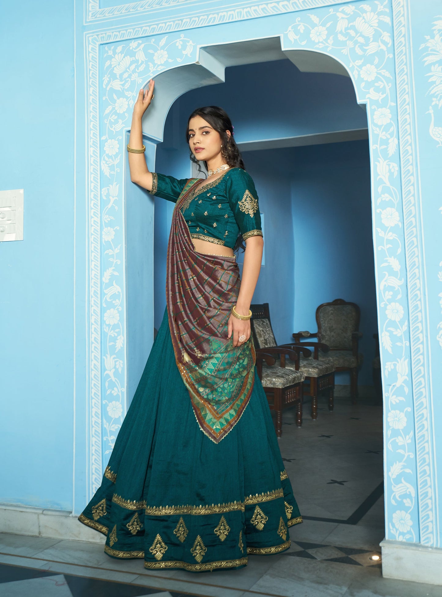 Lorenvalley Fashion Teal Vichitra Silk Sequins and Thread Embroidery Work Lehenga Choli with Dupatta