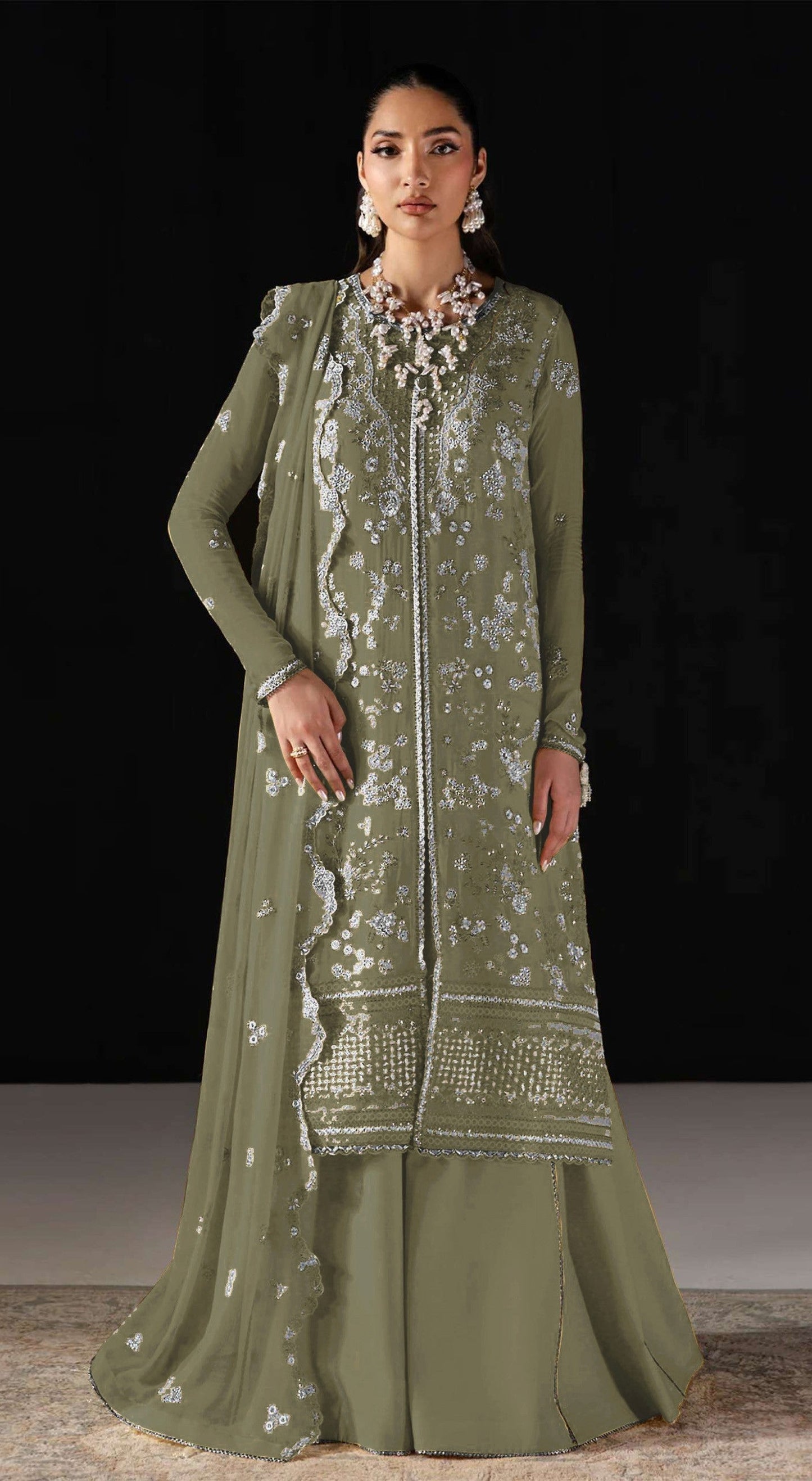 Anaita Mehndi Chiffon Suit With Embroidery Work
