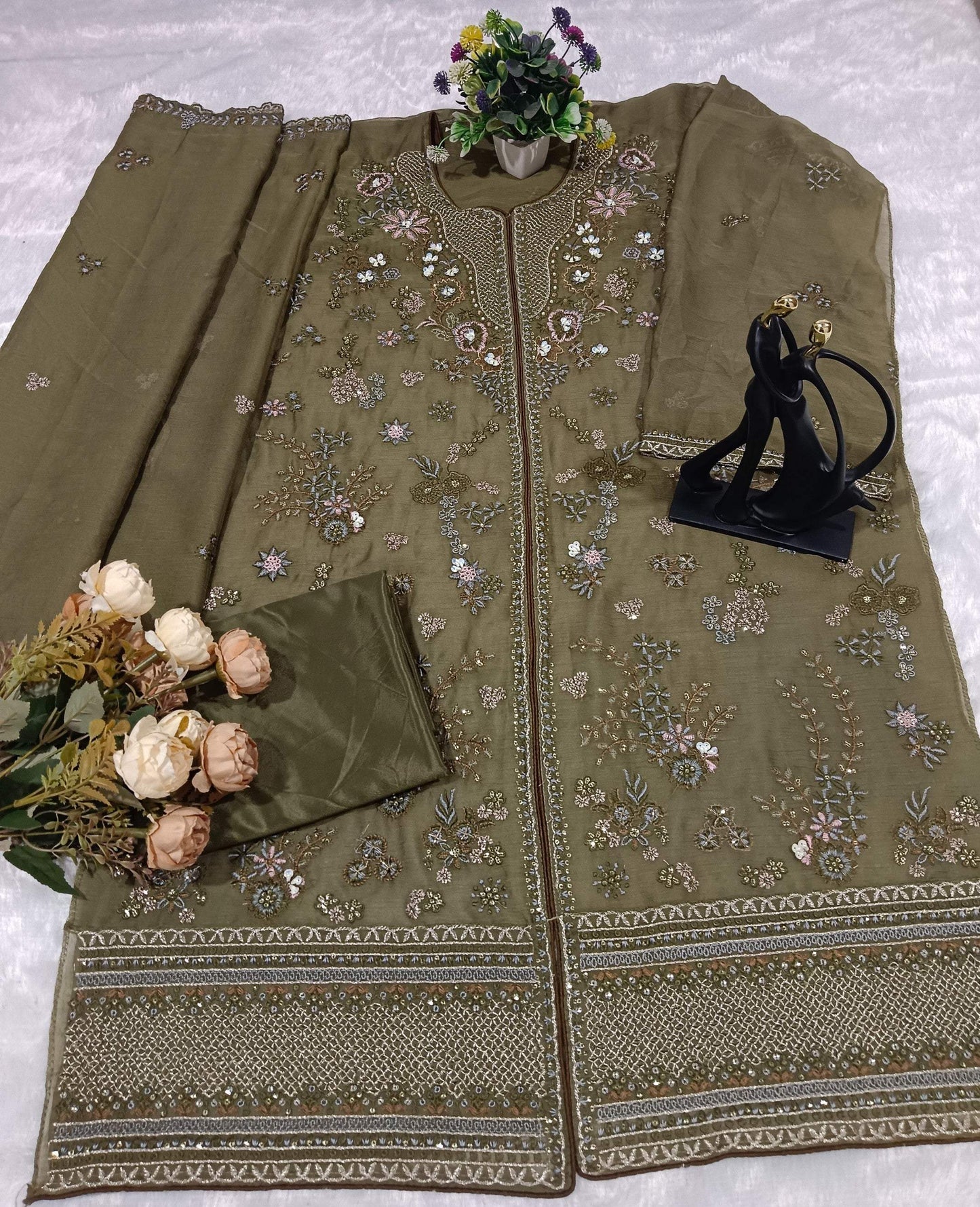 Anaita Mehndi Chiffon Suit With Embroidery Work