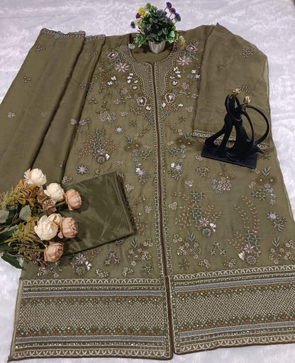 Anaita Mehndi Chiffon Suit With Embroidery Work