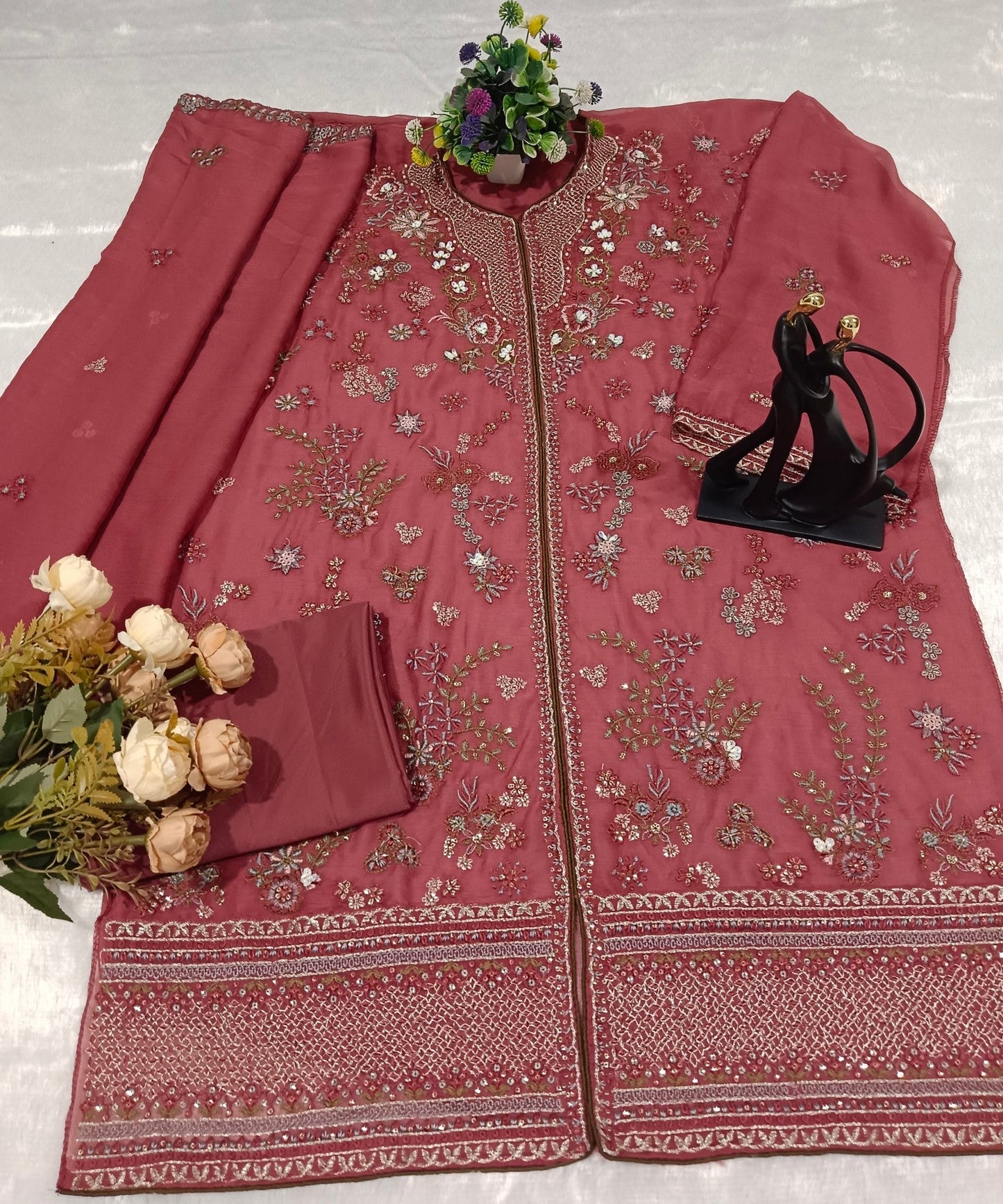 Anaita Pink Chiffon Suit With Embroidery Work