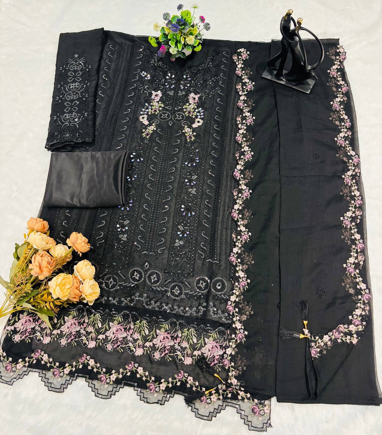 Anaita Black Chiffon Suit with Embroidery & Crystal Khatli Work