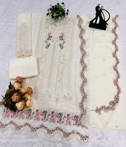Anaita White Chiffon Suit with Embroidery & Crystal Khatli Work