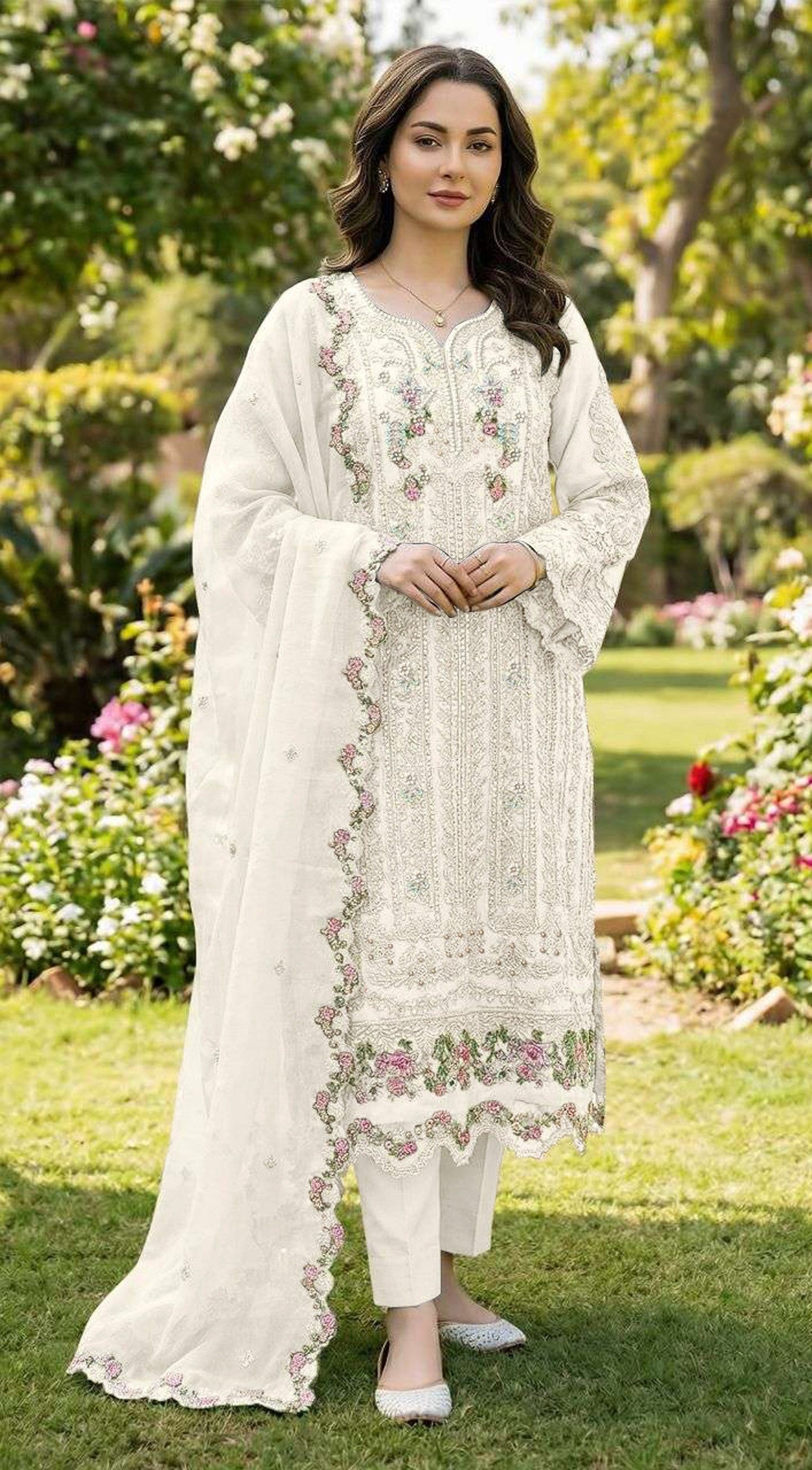 Anaita White Chiffon Suit with Embroidery & Crystal Khatli Work