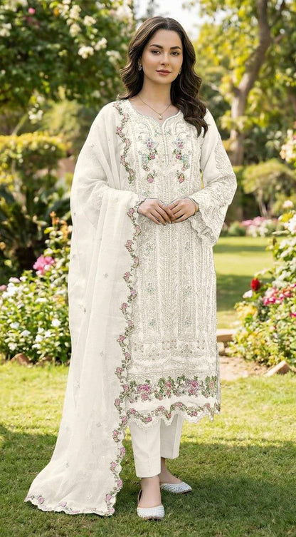 Anaita White Chiffon Suit with Embroidery & Crystal Khatli Work