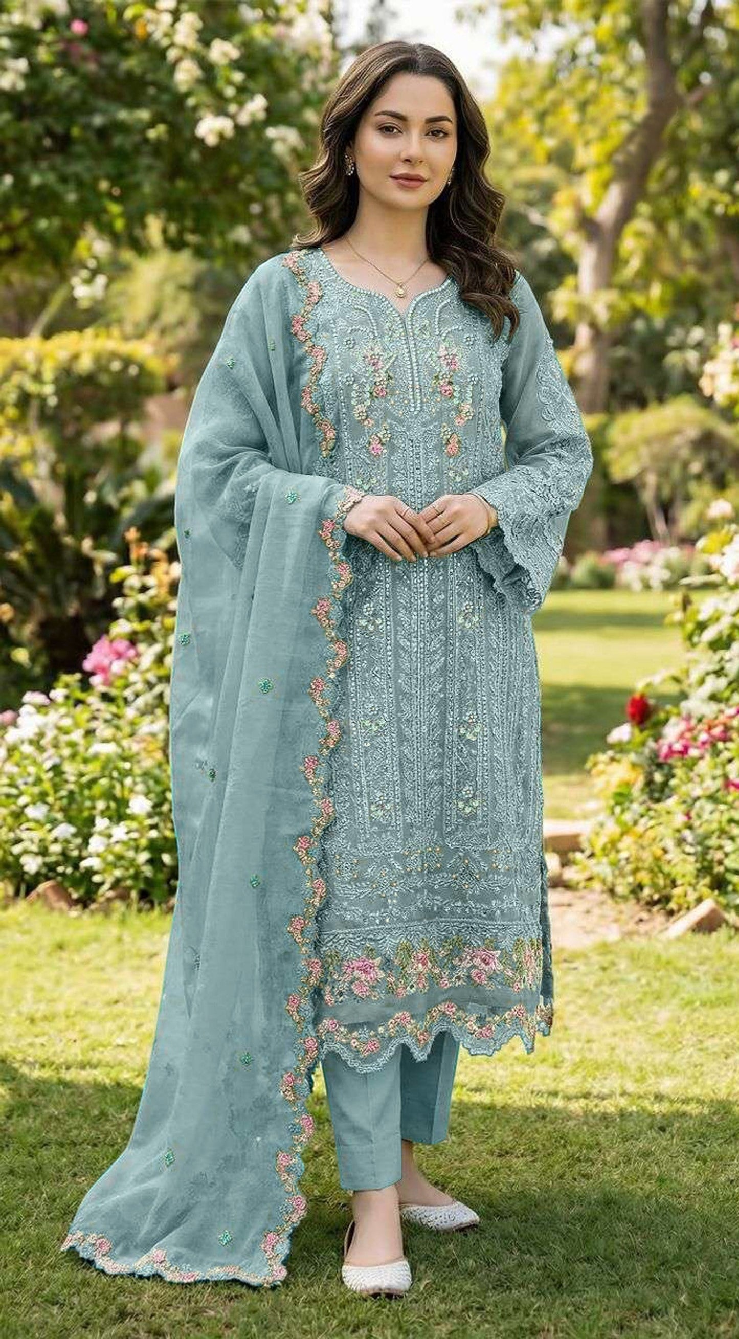 Anaita Blue Chiffon Suit with Embroidery & Crystal Khatli Work