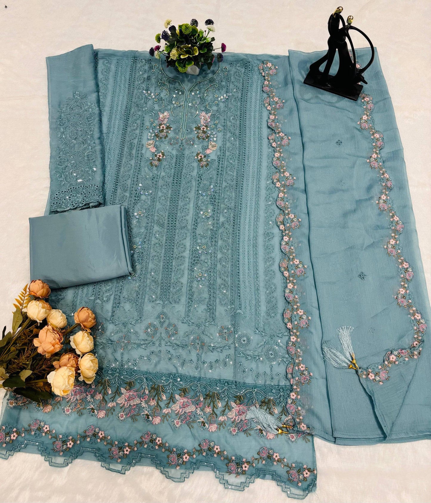 Anaita Blue Chiffon Suit with Embroidery & Crystal Khatli Work