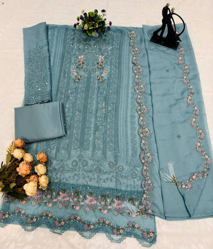 Anaita Blue Chiffon Suit with Embroidery & Crystal Khatli Work