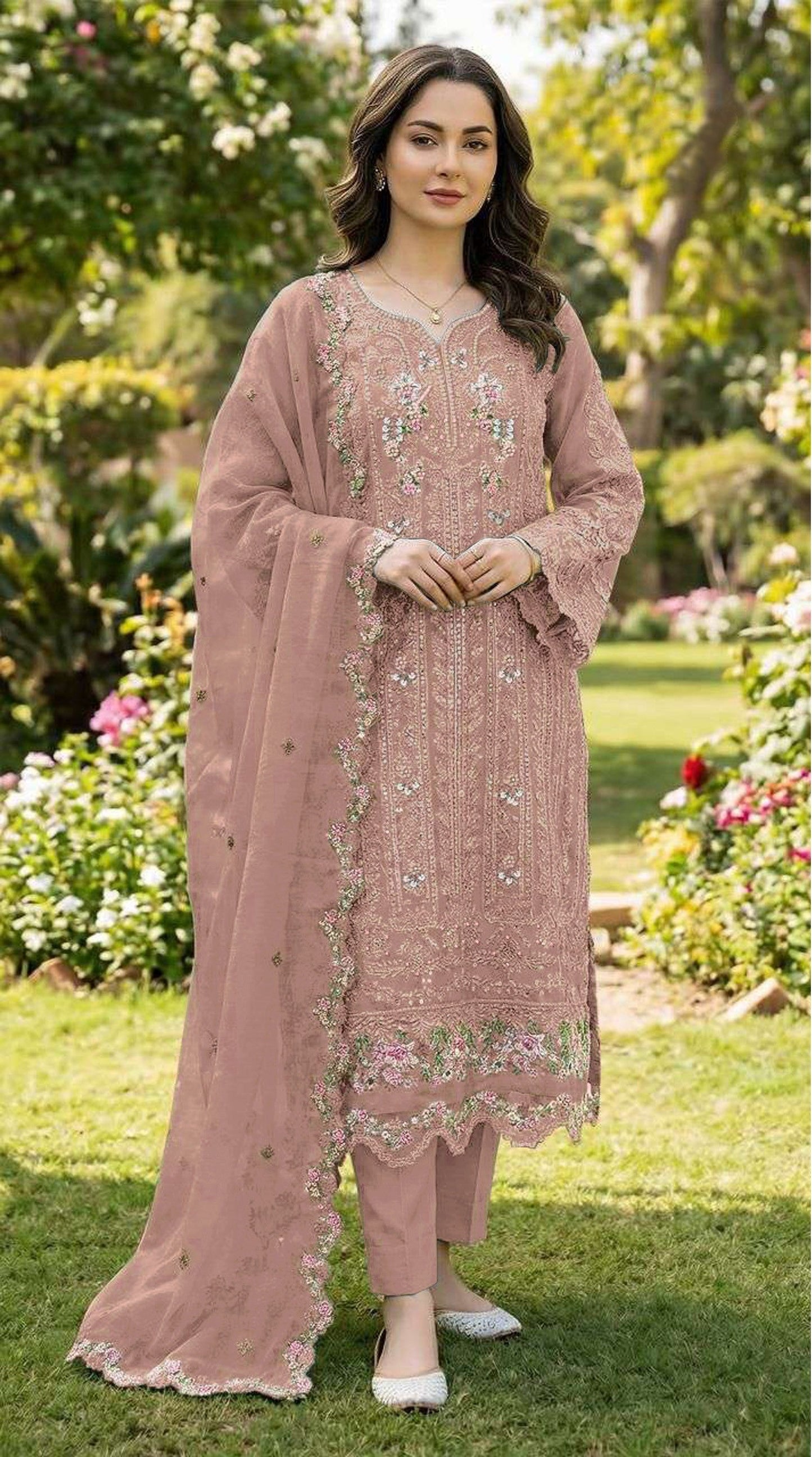 Anaita Peach Chiffon Suit with Embroidery & Crystal Khatli Work