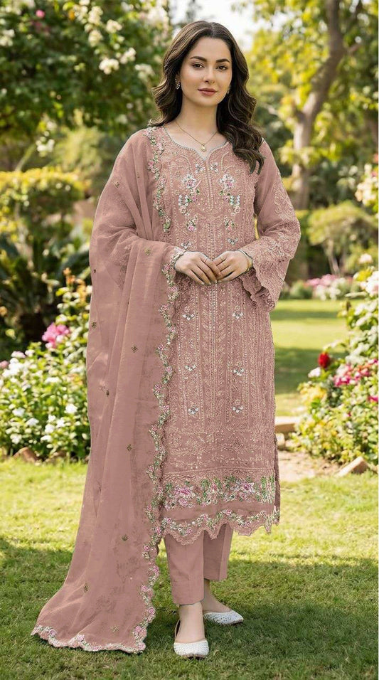 Anaita Peach Chiffon Suit with Embroidery & Crystal Khatli Work