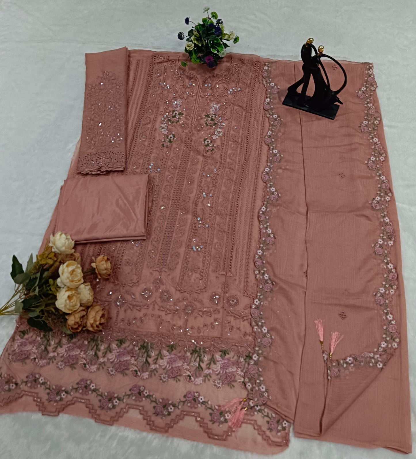 Anaita Peach Chiffon Suit with Embroidery & Crystal Khatli Work