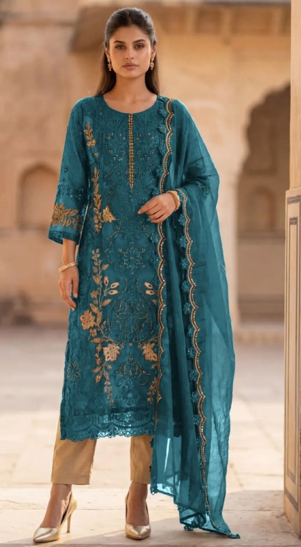 Anaita Teal Blue Silk Suit With Embroidery & Sequence Work