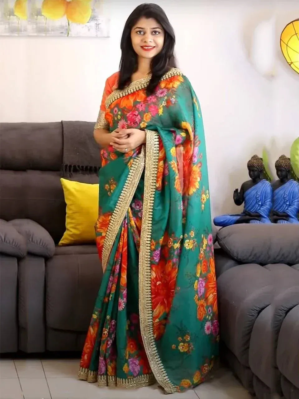 Tulsi Art Sabyasachi Green Floral Organza Wedding Wear Saree With Blouse