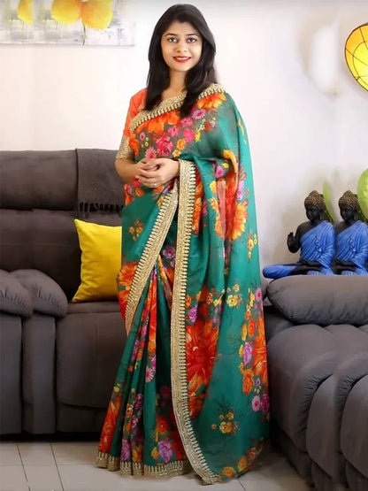 Tulsi Art Sabyasachi Green Floral Organza Wedding Wear Saree With Blouse