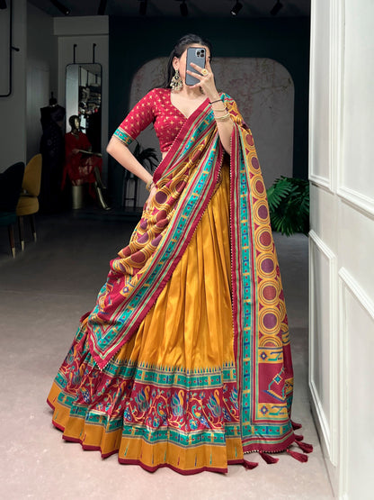 Lorenvalley Fashion Mustard Tasar SilkPrinted with Iconic Sparkle Lehenga Choli with Dupatta