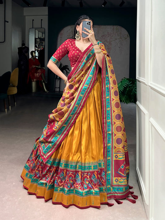 Lorenvalley Fashion Mustard Tasar SilkPrinted with Iconic Sparkle Lehenga Choli with Dupatta