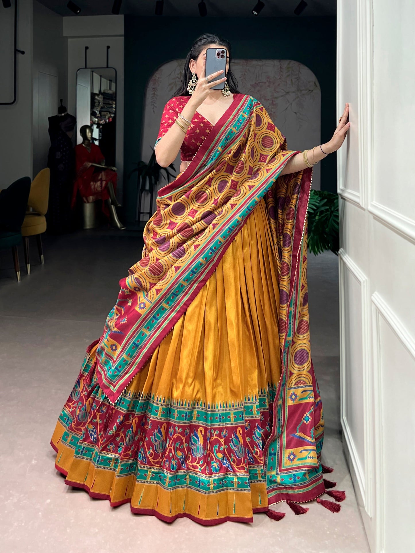 Lorenvalley Fashion Mustard Tasar SilkPrinted with Iconic Sparkle Lehenga Choli with Dupatta