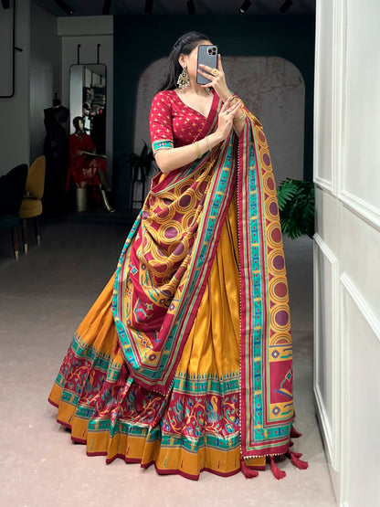 Lorenvalley Fashion Mustard Tasar SilkPrinted with Iconic Sparkle Lehenga Choli with Dupatta