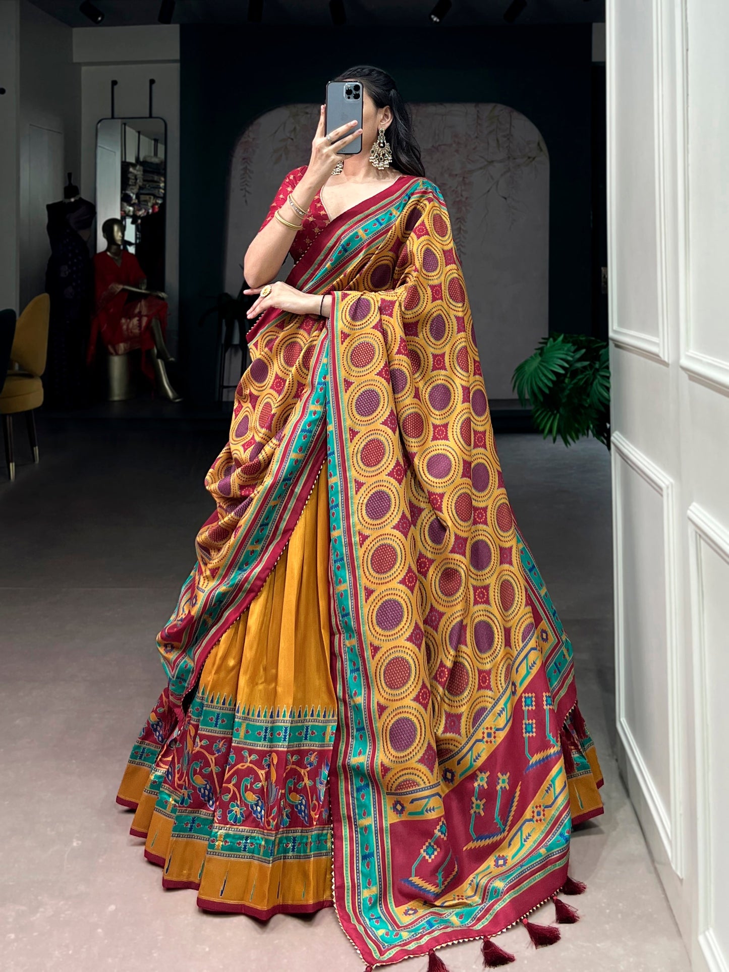 Lorenvalley Fashion Mustard Tasar SilkPrinted with Iconic Sparkle Lehenga Choli with Dupatta