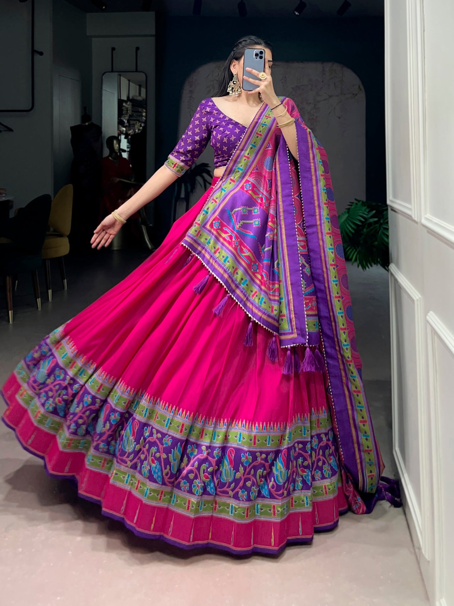 Lorenvalley Fashion Pink Tasar SilkPrinted with Iconic Sparkle Lehenga Choli with Dupatta