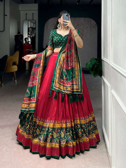 Lorenvalley Fashion Red Tasar SilkPrinted with Iconic Sparkle Lehenga Choli with Dupatta