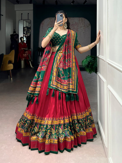 Lorenvalley Fashion Red Tasar SilkPrinted with Iconic Sparkle Lehenga Choli with Dupatta