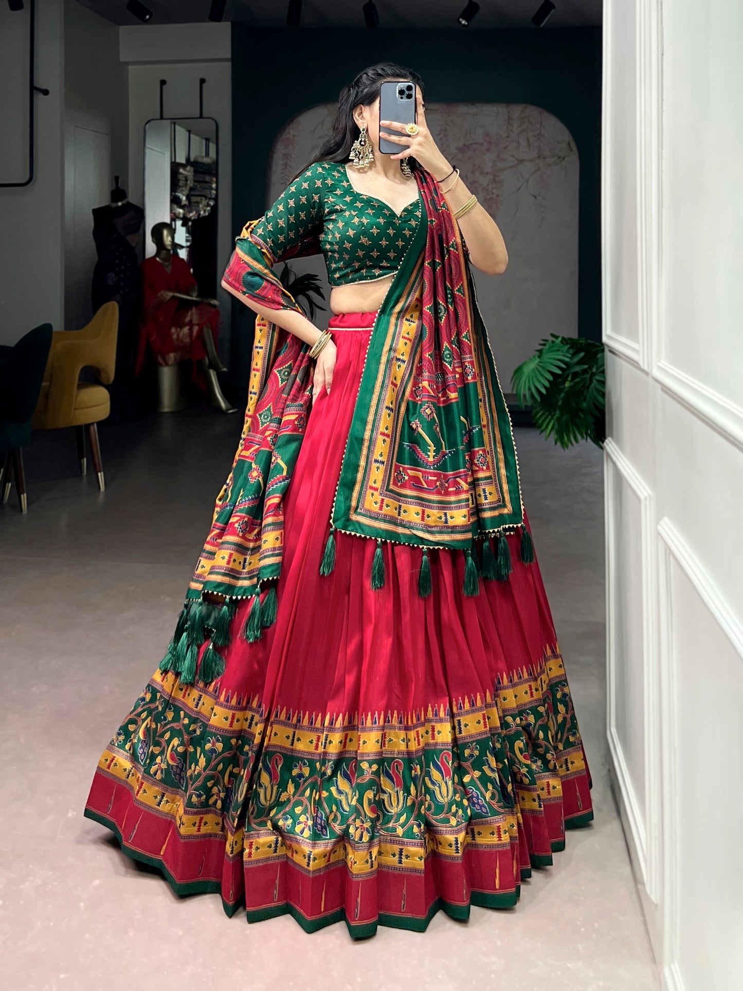 Lorenvalley Fashion Red Tasar SilkPrinted with Iconic Sparkle Lehenga Choli with Dupatta