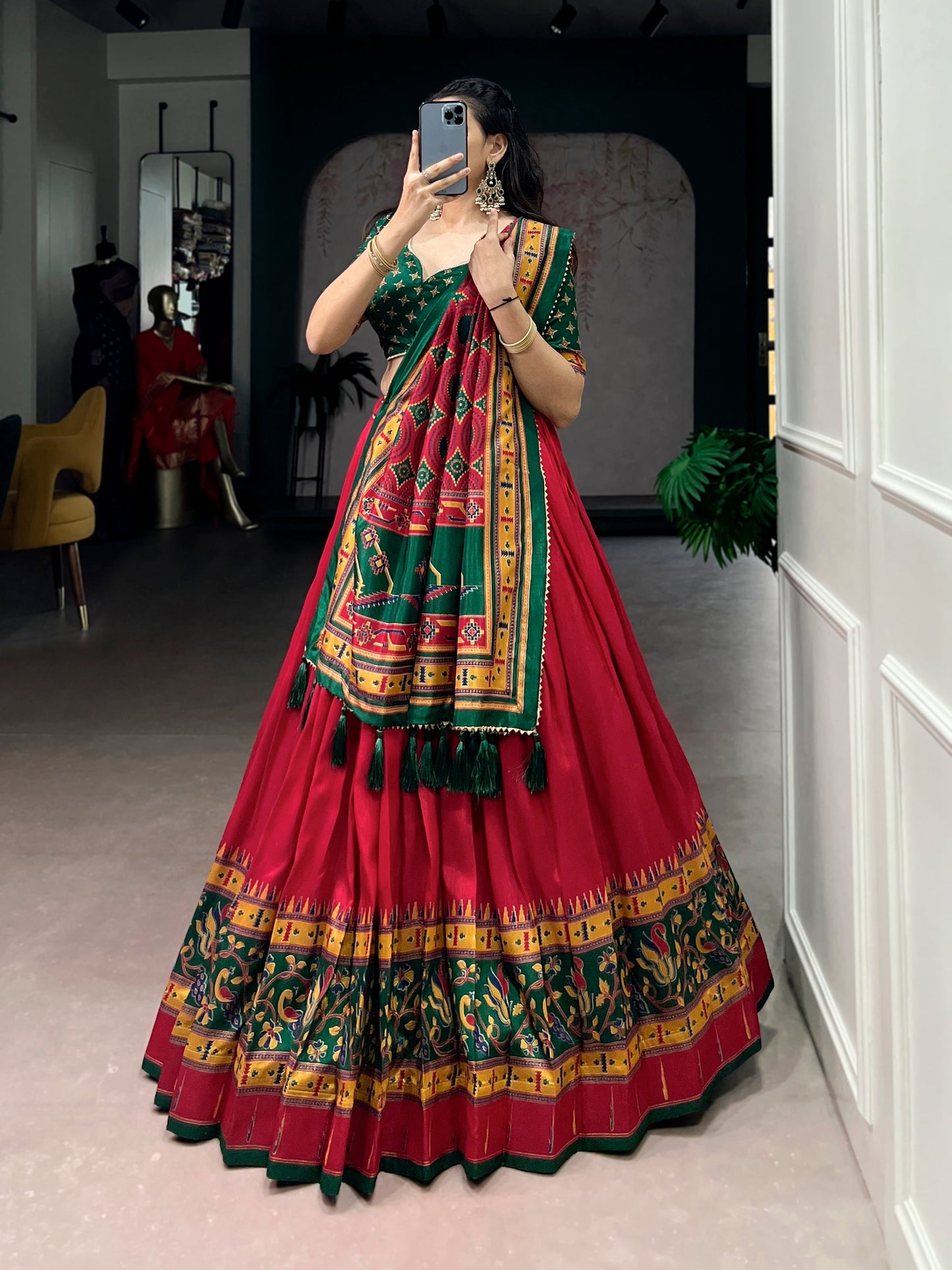 Lorenvalley Fashion Red Tasar SilkPrinted with Iconic Sparkle Lehenga Choli with Dupatta
