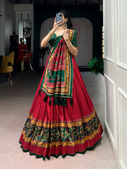 Lorenvalley Fashion Red Tasar SilkPrinted with Iconic Sparkle Lehenga Choli with Dupatta
