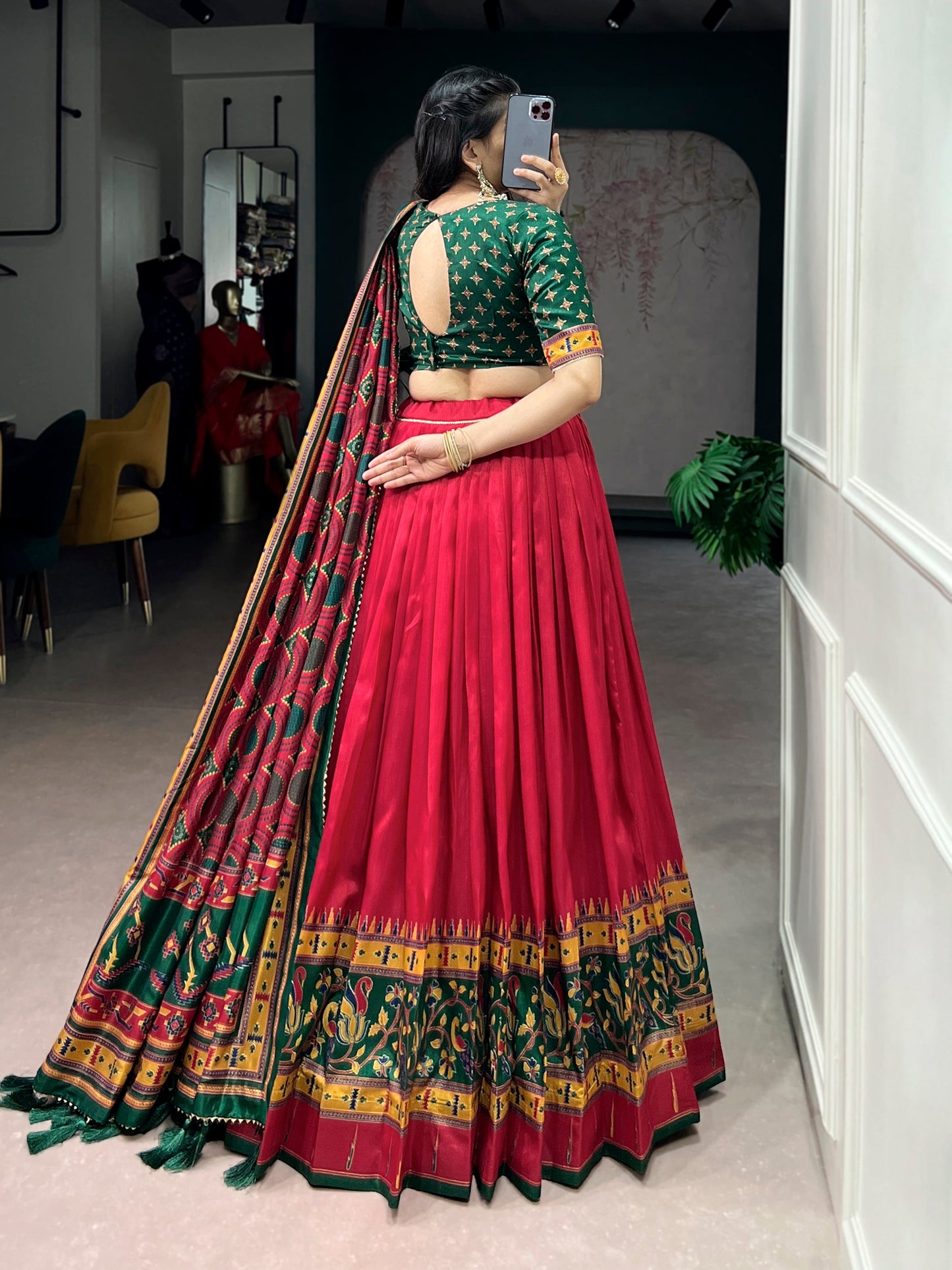 Lorenvalley Fashion Red Tasar SilkPrinted with Iconic Sparkle Lehenga Choli with Dupatta