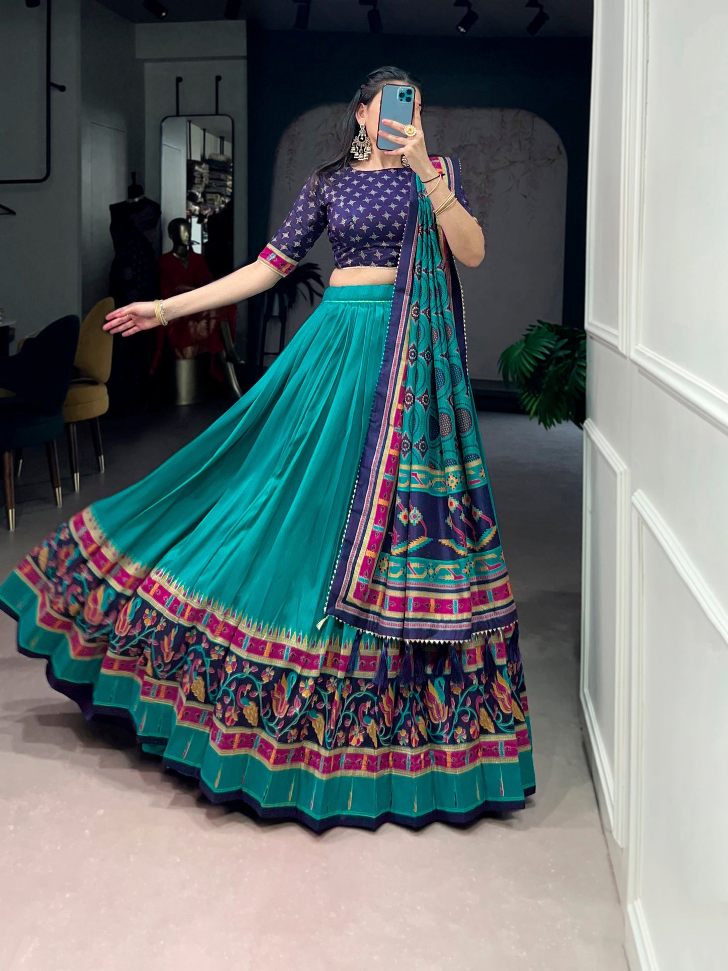 Lorenvalley Fashion Skyblue Tasar SilkPrinted with Iconic Sparkle Lehenga Choli with Dupatta
