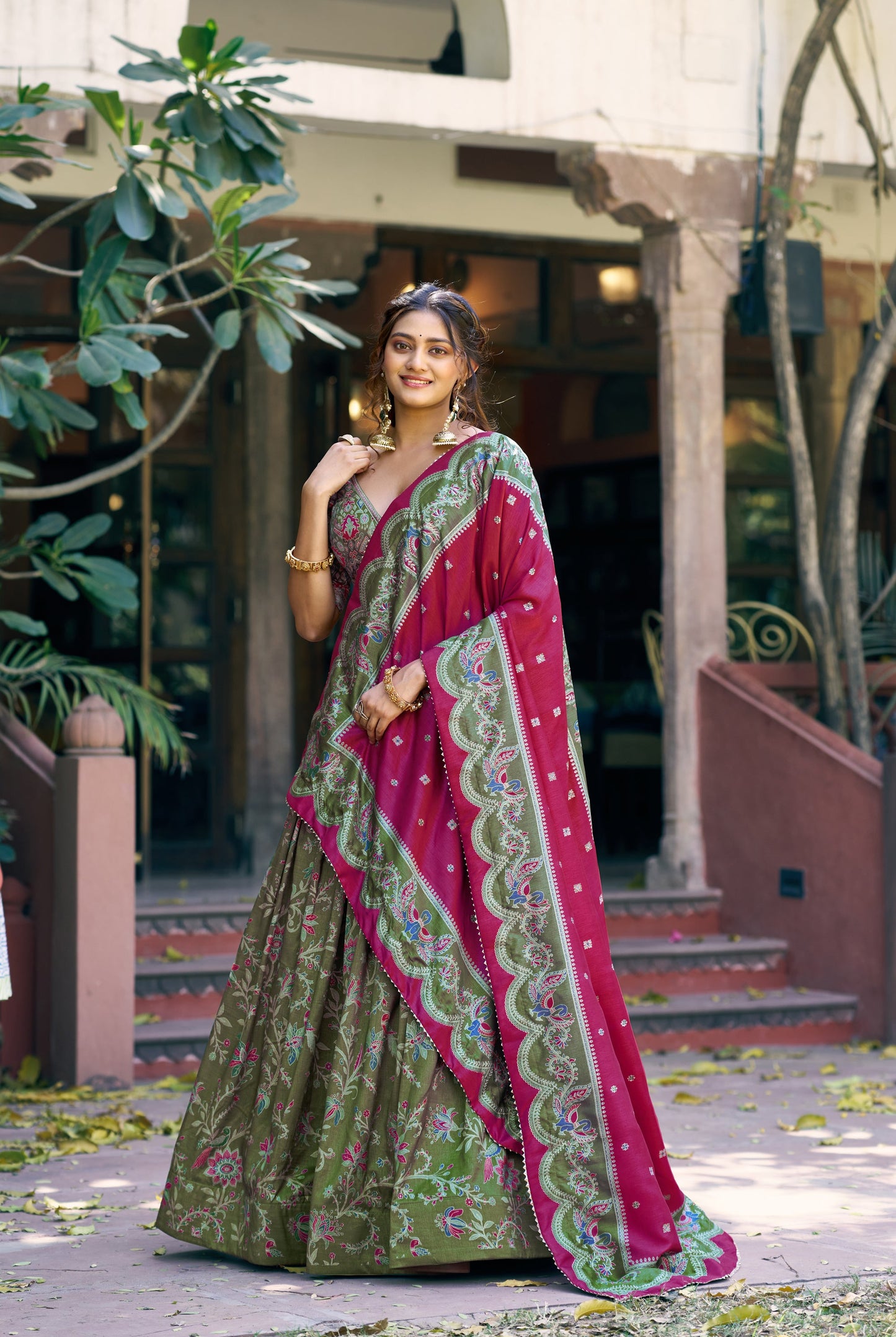 Lorenvalley Fashion Green Tasar Silk Gilded Motif Foil Printed Lehenga Choli with Dupatta